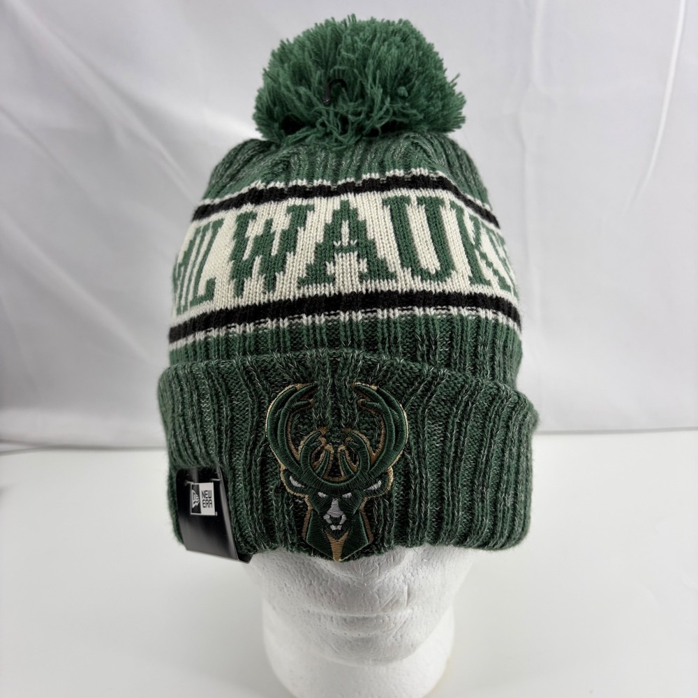 New Era Milwaukee Bucks NBA Sport Knit Beanie Hat Green Pom Fleece Lined OSFM